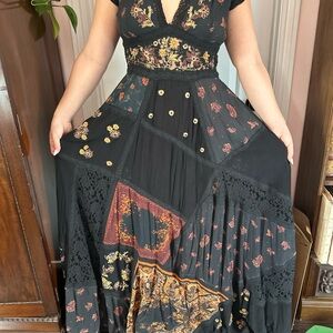Free People Black Maxi Dress with Rust and Gold Floral Patchwork